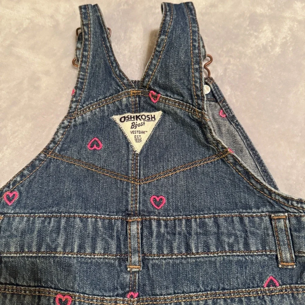 OshKosh B'Gosh Overalls Baby Girls 12 Month‎ Denim Vestbak Pink Heart Blue Denim